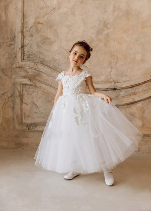 Pearl Beaded Ivory Lace Tulle Flower Girl Dress